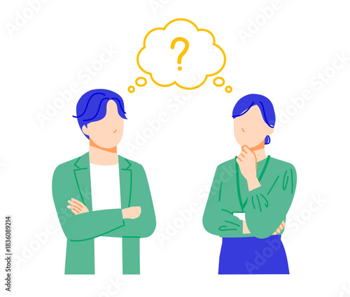 何かを疑問に思うビジネスパーソンの男女のイラスト。吹き出しとハテナマーク。フラットデザイン。