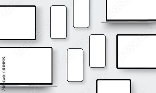 Blank laptop, tablet and smartphone screens for showing website, app and UI design. Clean minimal template for digital presentations and responsive projects