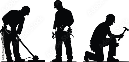 Construction worker silhouettes with tools performing labor tasks, industrial job actions, building work scenes and handyman occupational activities in vector graphics