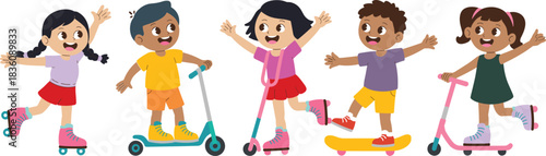 Cute kids riding scooters skateboards and roller skates illustration, happy children playing outdoors in colorful cartoon style for fun activity designs