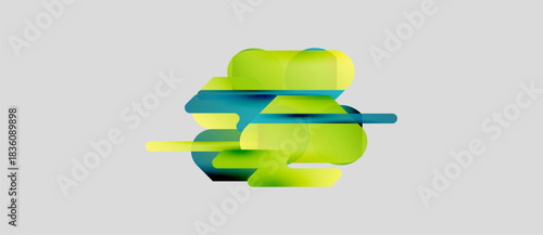 Abstract shapes overlap, creating dynamic composition. Green, yellow hues dominate neutral background. Modern design element.