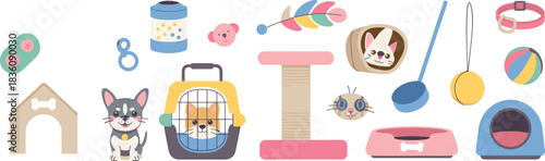 Cute pet supplies vector set with cats, dogs, toys, feeders, carriers, scratching posts, collars and accessories for animal care illustrations