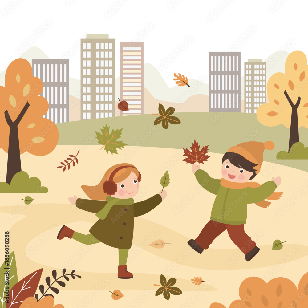 Naklejka premium Fall, autumn city park kids. Children outdoor activity. Boy and girl play with falling leaves. Little people in warm clothes. Forest, October and november defoliation