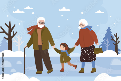 Snow, winter park, grandparents and granddaughter spending time together. Outdoor activity. Elderly people and little girl in warm clothes walking. Winter snowfall.