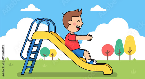 Boy Having Fun Sliding Down a Playground Slide.