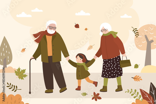 Fall, autumn park, grandparents and granddaughter walking. Outdoor activity. Elderly people and little girl in warm clothes walking and play with falling leaves.