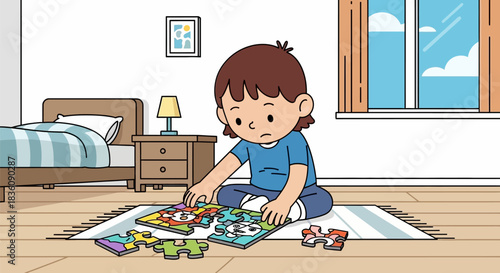 Child Concentrating on Jigsaw Puzzle on Rug.