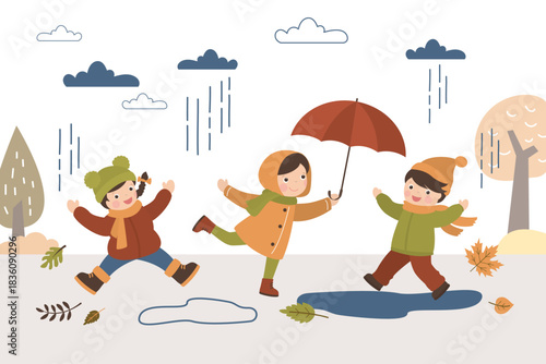 Fall, kids in autumn park. Children outdoor activity. Boy and girls play with falling leaves. Little people in warm clothes jump over puddles. October and november defoliation