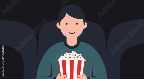 Man Enjoying Movie with Popcorn in Theater.