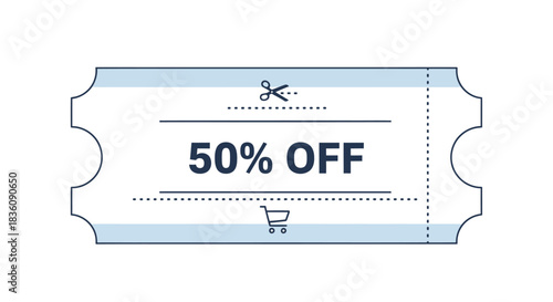 Blue 50 Off Coupon with Scissors and Shopping Cart Icon.