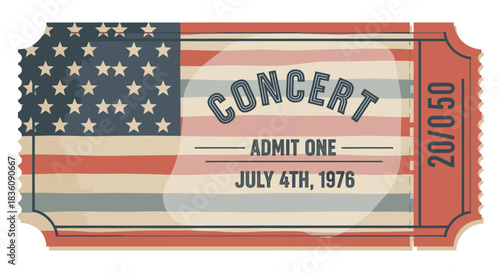 Vintage Concert Ticket Featuring American Flag Design for July 4th 1976.