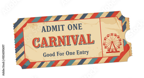Vintage Carnival Ticket with Ferris Wheel Illustration.