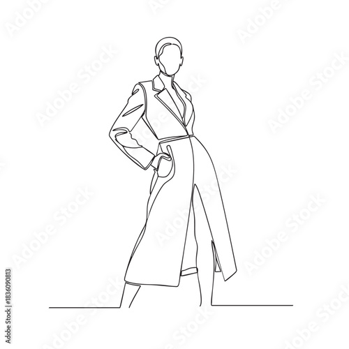 Fashionable Woman in Trench Coat Line Drawing abstract