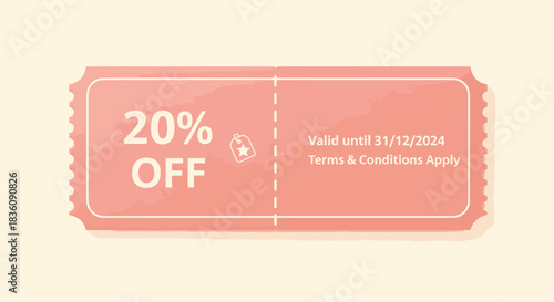 Pink 20 Off Discount Coupon with Tear Line and Rounded Edges.