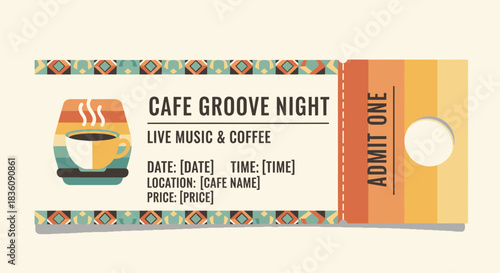 Cafe Groove Night Ticket Design with Live Music and Coffee Theme.