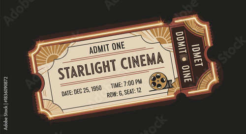 Vintage Starlight Cinema Ticket with Admit One Text and Retro Design.