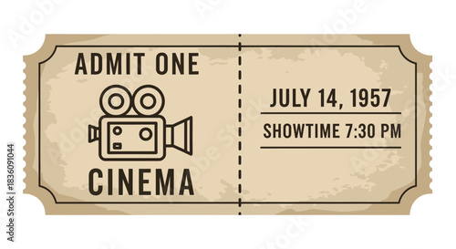 Vintage Movie Ticket with Camera Icon and Show Details.