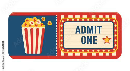 Movie Ticket with Popcorn Admit One for Entertainment.