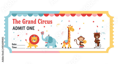 Grand Circus Ticket Featuring Cartoon Animals Lion Elephant Giraffe Monkey and Bear.