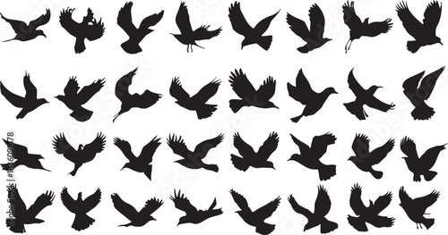 Vector set of fire flames and flying bird silhouettes for seamless pattern design