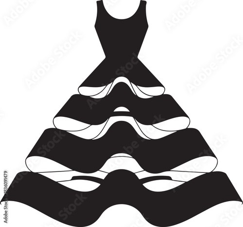Elegant black tiered ruffled dress silhouette fashion graphic Vector