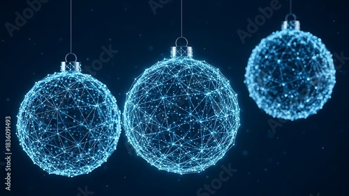 Three glowing blue digital christmas ornaments made of interconnected nodes and lines hanging against a dark, abstract background, representing technology and holiday celebration