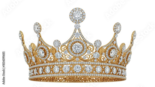 Ornate gold crown with diamonds isolated PNG, royal jewelry headwear for queen or princess on transparent background