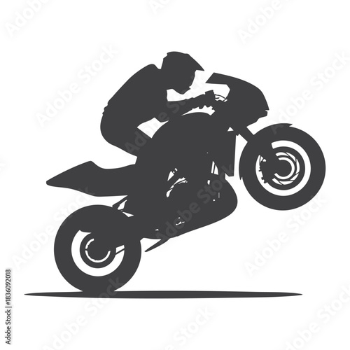 Sport Motorcycle Wheelie Stunt in Motion Black and White Illustration
