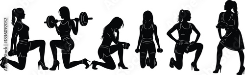 Silhouette women fitness poses in high heels featuring workout exercises, dumbbells, lunges, strength training and stylish athletic female vector illustration set