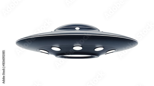 Bild auf Leinwand Sleek black UFO PNG isolated on transparent background, flying saucer with light