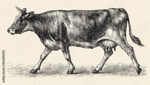 Vintage Black and White Etching Style Illustration of a Cow Walking Left in Profile on a Textured Cream Background