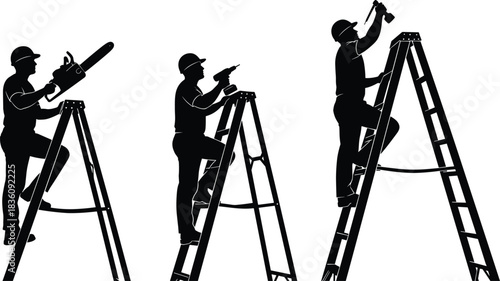 Silhouette workers standing on ladders using tools such as chainsaw, drill, and hammer performing construction, repair, maintenance, and professional work tasks
