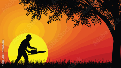 Silhouette worker using chainsaw cutting wood under tree at sunset landscape background forestry lumberjack scene vector illustration outdoor nature