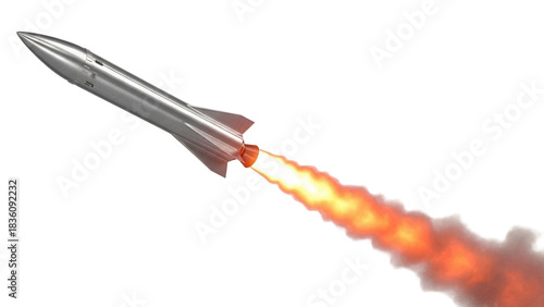 Silver space rocket launching with flames isolated PNG, futuristic spacecraft for space exploration and science fiction concepts on transparent background