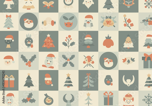 Festive December Art Natal Holiday Icons in Mosaic Style for Festive Decorations and Joyful Celebrations