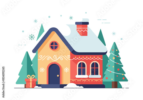 Festive Art of a Snowy December Natal House Surrounded by Pine Trees, a Gift, and Garland-Decorated Christmas Tree