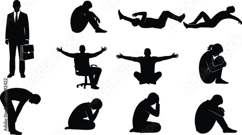 Silhouettes of stressed sad anxious people sitting kneeling standing emotional poses depression fatigue burnout mental health illustration figure set