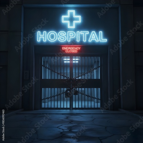 A glowing hospital sign above a locked door.
