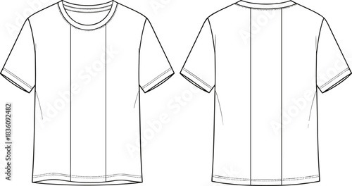 Basic unisex crew neck t-shirt fashion flat sketch with clean seam details and simple apparel template for design projects, vector illustration