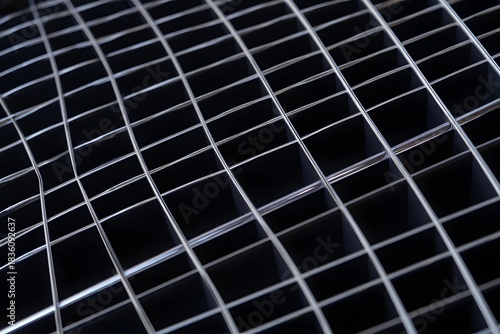 Close up of a metal grate showing a grid pattern with a dark background behind it