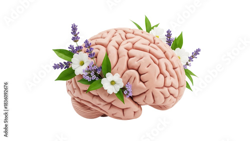 Foto Human brain with flowers isolated PNG, anatomical model decorated with lavender