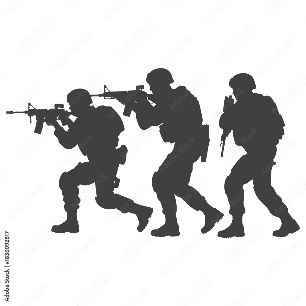 Obraz premium Tactical Soldiers Silhouette in Combat Formation Military Vector Illustration