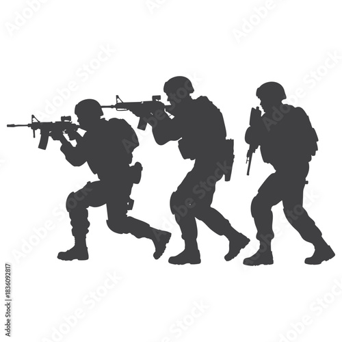 Tactical Soldiers Silhouette in Combat Formation Military Vector Illustration