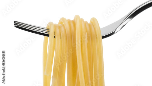 Spaghetti on a fork isolated PNG, close-up of pasta strands twirled around utensil for food presentation and culinary design