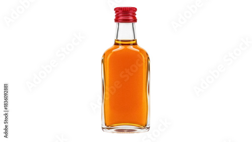 Foto Small whiskey bottle with red cap isolated PNG on transparent background, miniat