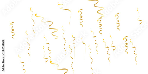 Golden confetti and streamers falling against a white background creating a celebratory and elegant atmosphere for events	
