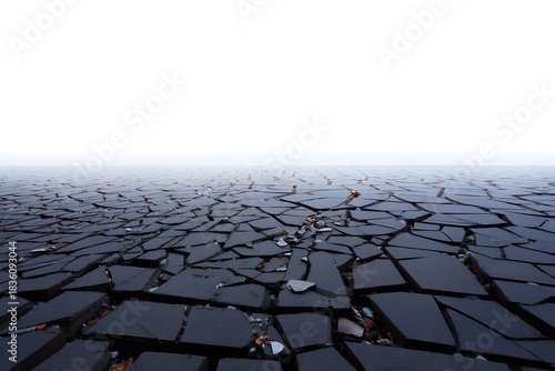 Fractured landscape under a hazy sky creates an abstract and surreal environment that is captivating