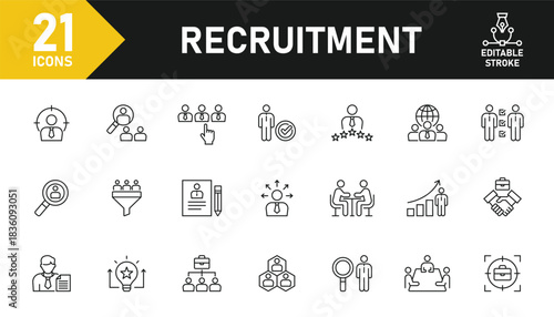Recruitment line icon set. Set of 21 outline icons related to job recruitment, job hiring, human resource, interview, headhunting, job fair and others. Editable stroke. Vector illustration.