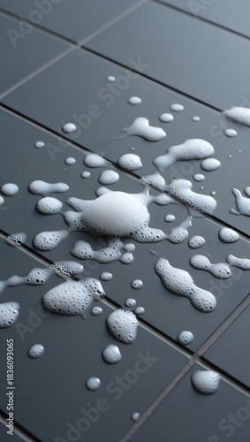 Foam and bubbles on dark gray tiles creating a textured and abstract surface