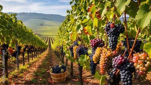 Lush vineyard with rows of grapes, wooden basket, rolling hills, and a sunny day